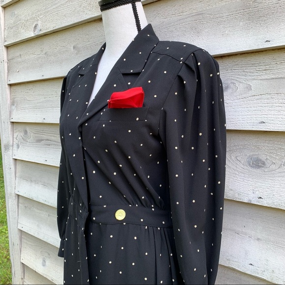 Vintage 80s Polka Dot Print Button Front Long Sleeve Collared Midi Wrap Dress - Picture 5 of 16